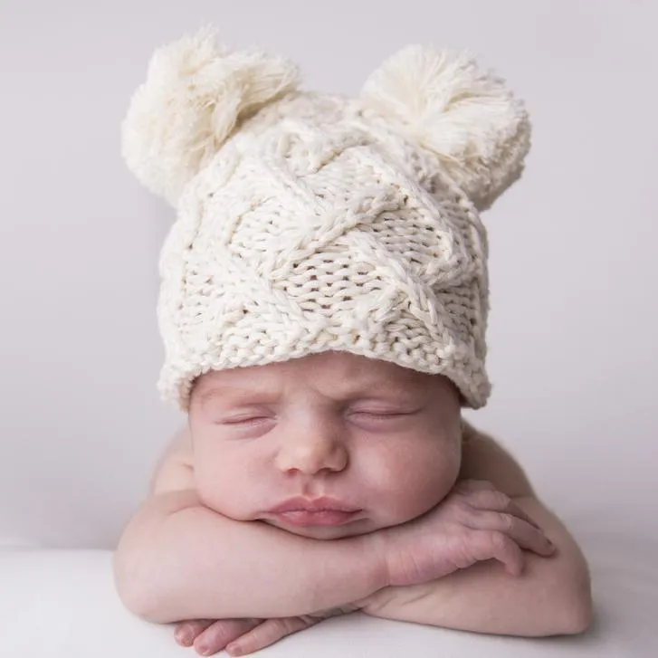 Newborn Aran Natural Double Pom Pom Beanie Hat Infant