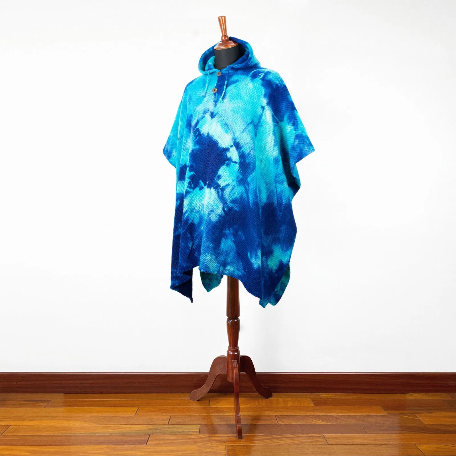 Numbiaranga - Llama Wool Unisex South American Handwoven Hooded Poncho - sky blue abstract pattern