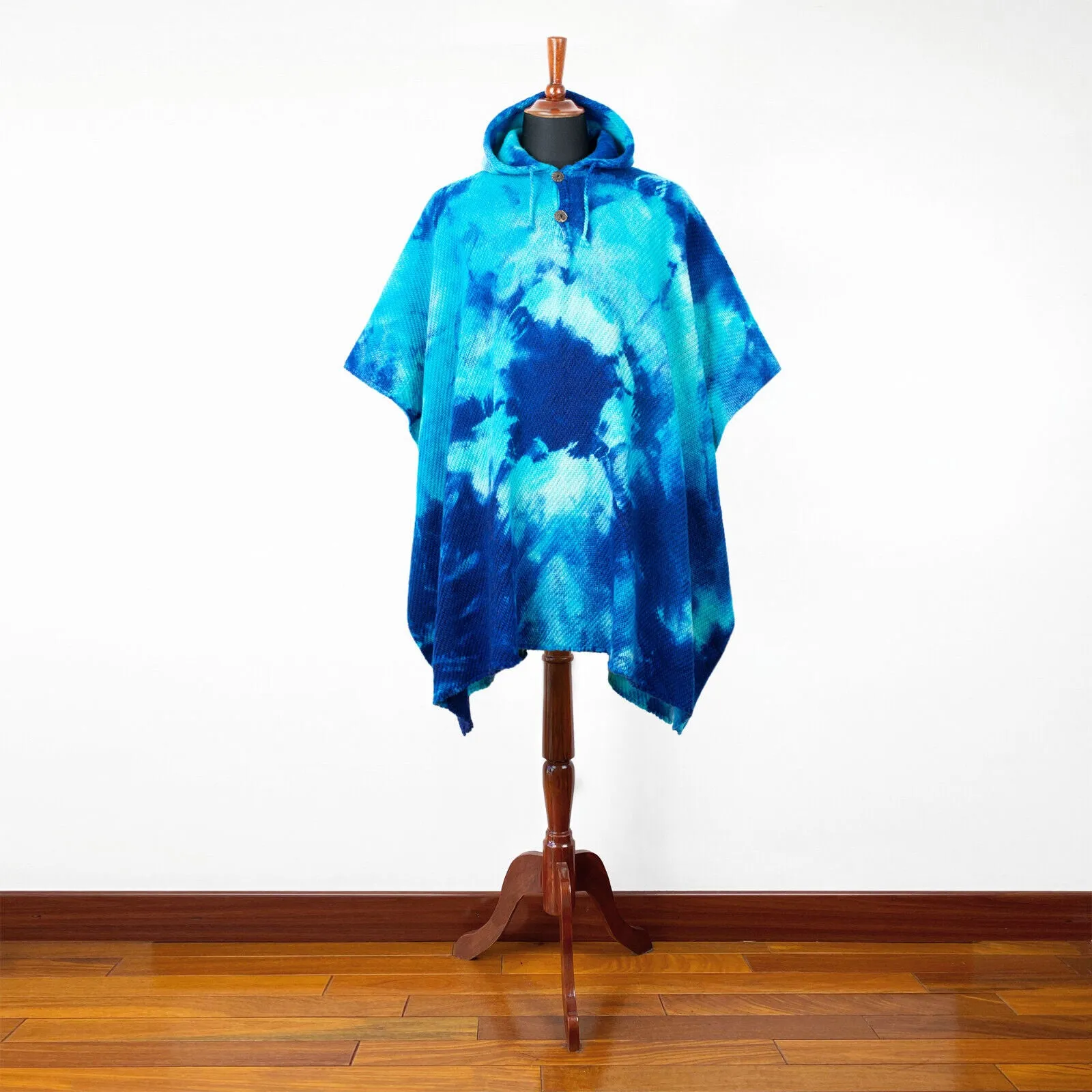 Numbiaranga - Llama Wool Unisex South American Handwoven Hooded Poncho - sky blue abstract pattern