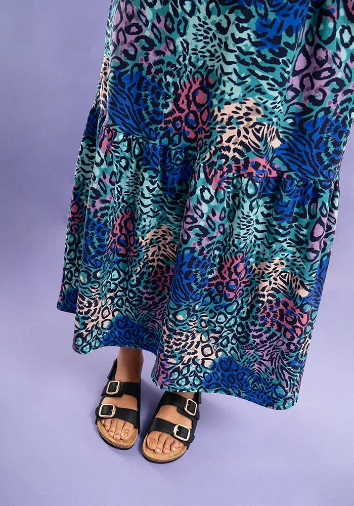 Odell Blue Hybrid Animal Print Cotton Midaxi Dress