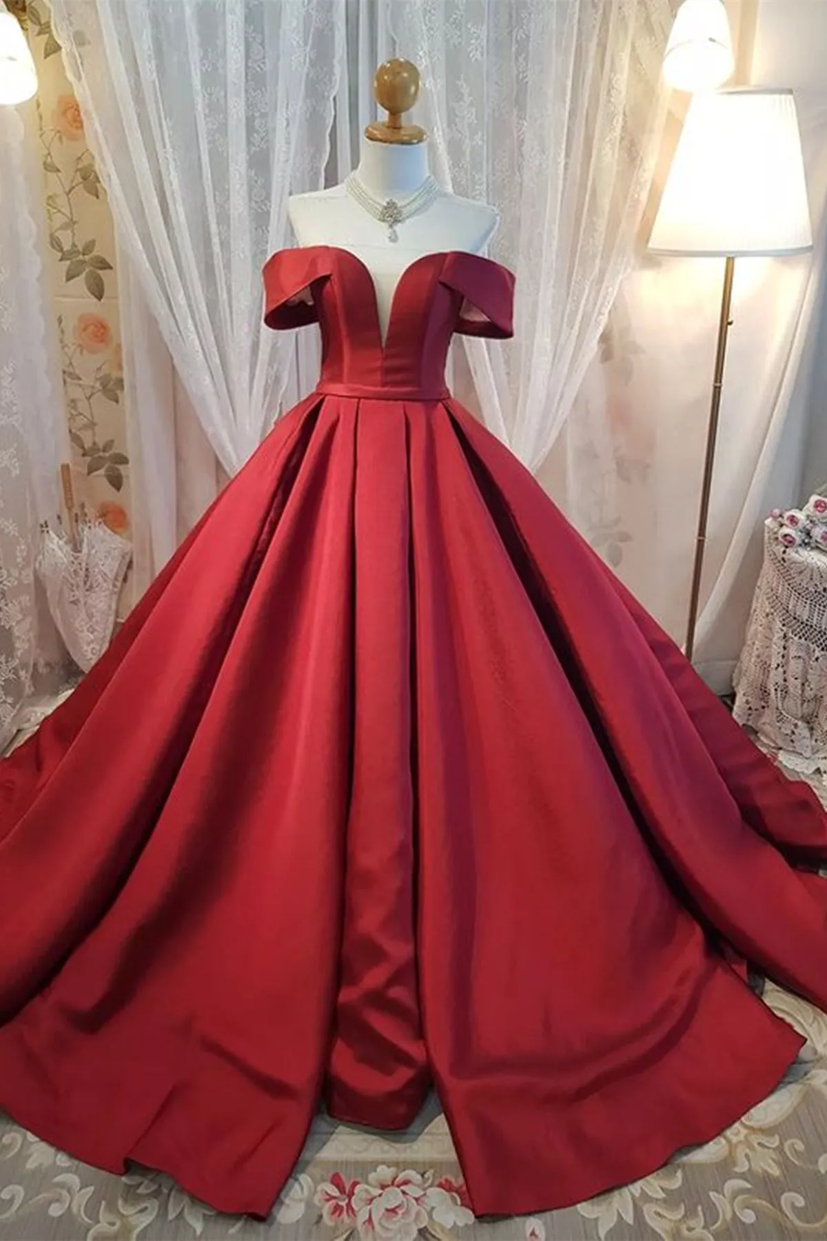 Off Shoulder Burgundy Satin Long Prom Dress, V Neck Burgundy Formal Evening Dress, Burgundy Ball Gown A1725