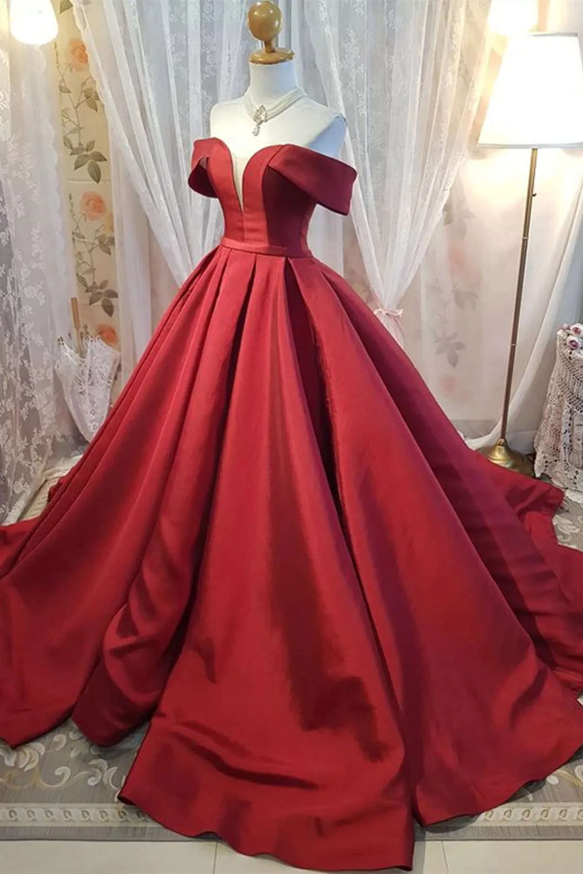 Off Shoulder Burgundy Satin Long Prom Dress, V Neck Burgundy Formal Evening Dress, Burgundy Ball Gown A1725