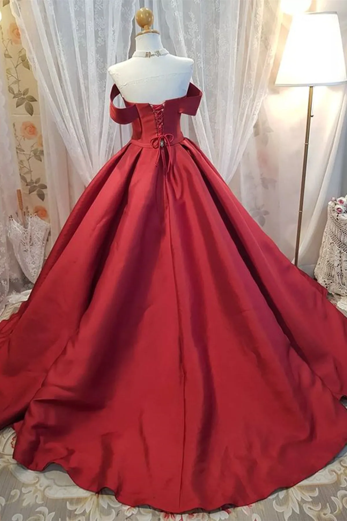 Off Shoulder Burgundy Satin Long Prom Dress, V Neck Burgundy Formal Evening Dress, Burgundy Ball Gown A1725