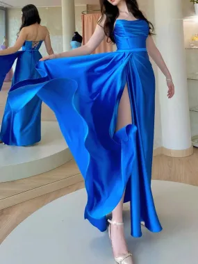 Open Back Royal Blue Long Prom Dresses with High Slit, Long Blue Formal Graduation Evening Dresses