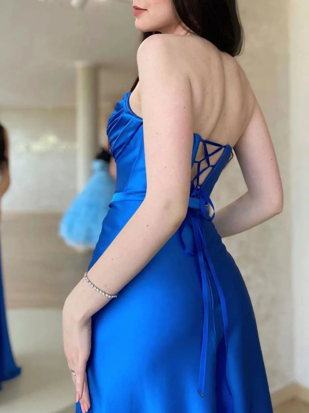 Open Back Royal Blue Long Prom Dresses with High Slit, Long Blue Formal Graduation Evening Dresses