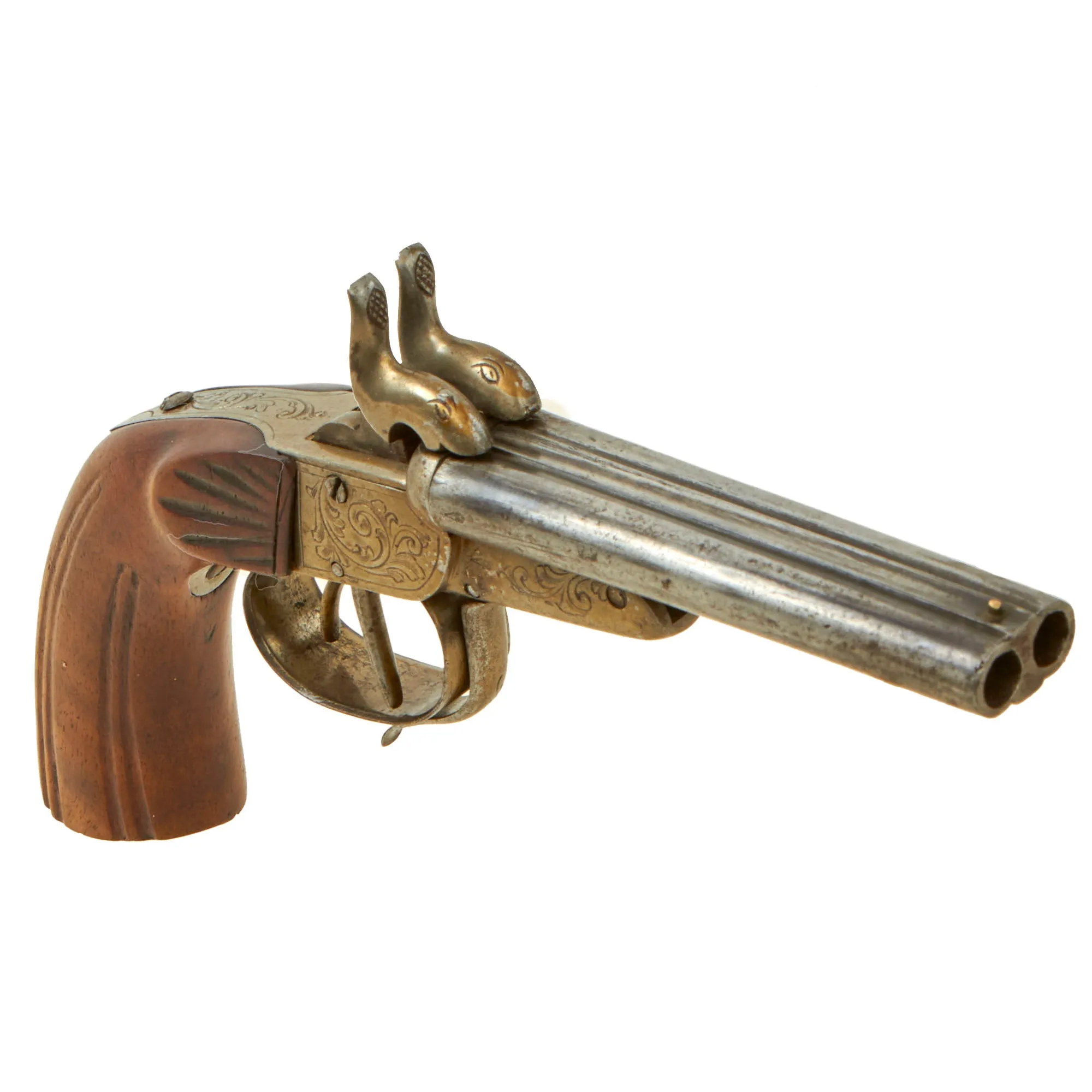 Original British Victorian Era Belgian Style 7mm Pinfire Double Barrel Pistol with Tip-Up Break Action - Circa 1855