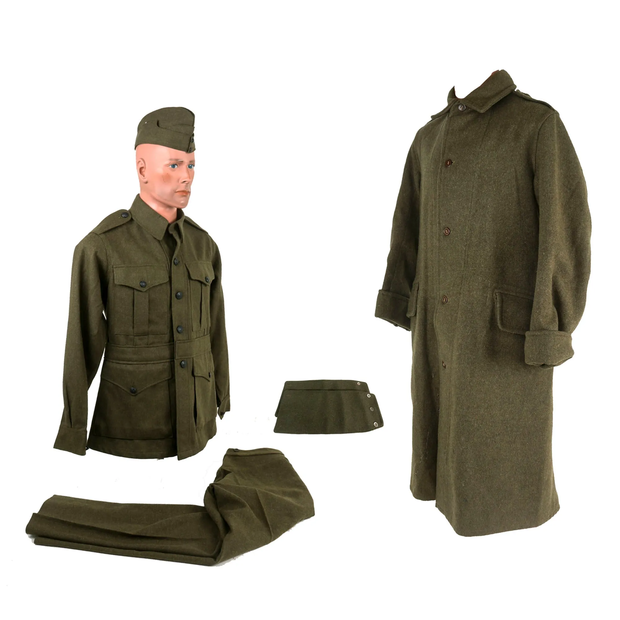 Original WWI Australian Imperial Force P-1917 Tunic with Wool Greatcoat, Overseas “Flat Cap” and Leg Gaiters