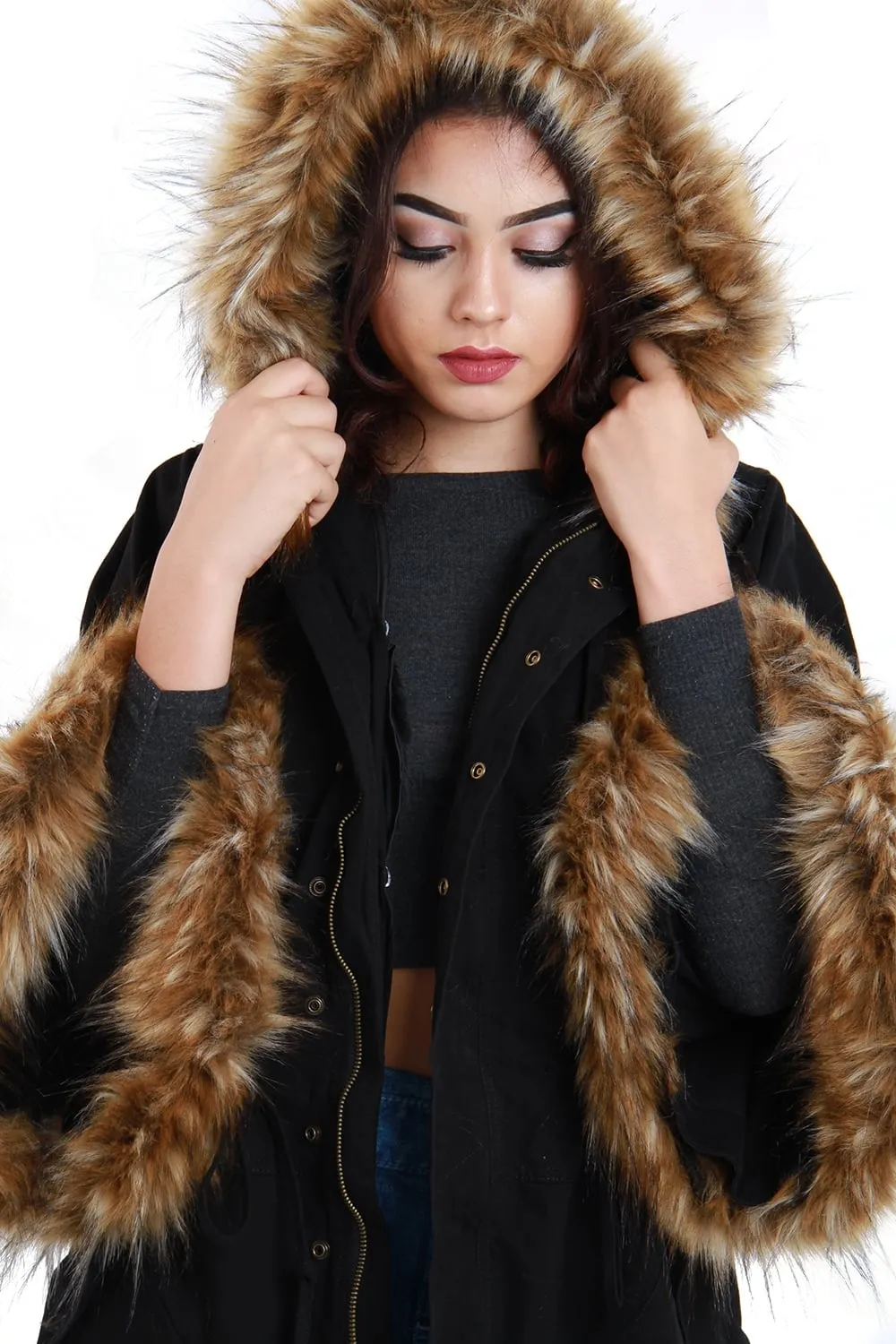 Oversized Sleeve Fur Parka Coat