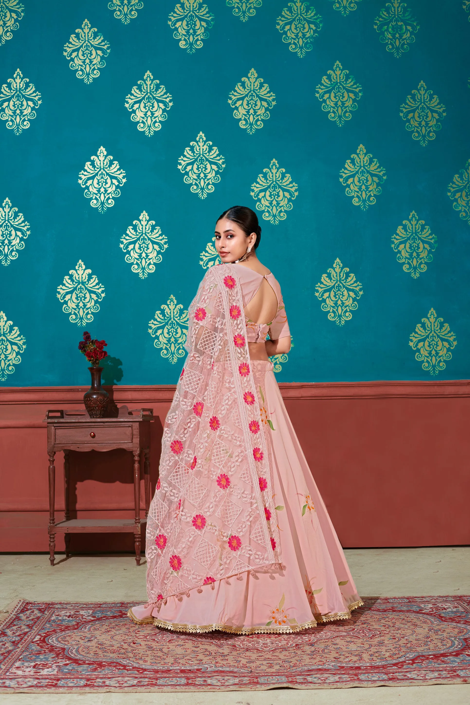 Peach Embroidered Georgette Party Wear Lehenga Choli