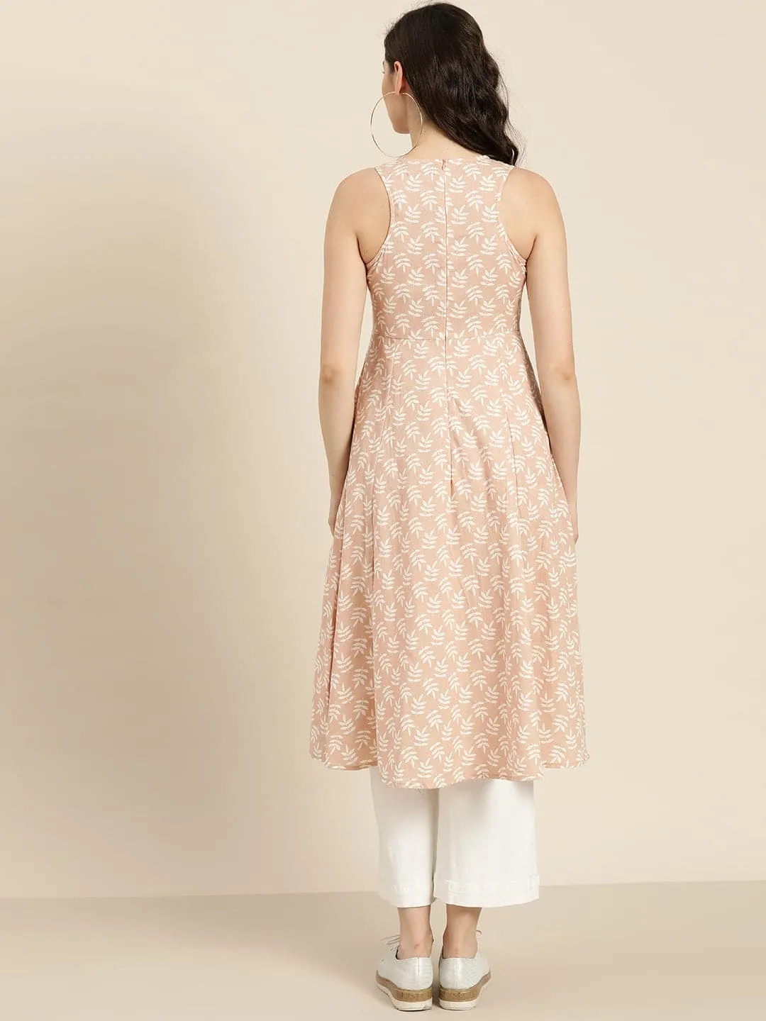 Peach Printed  Sleeveless Kurta