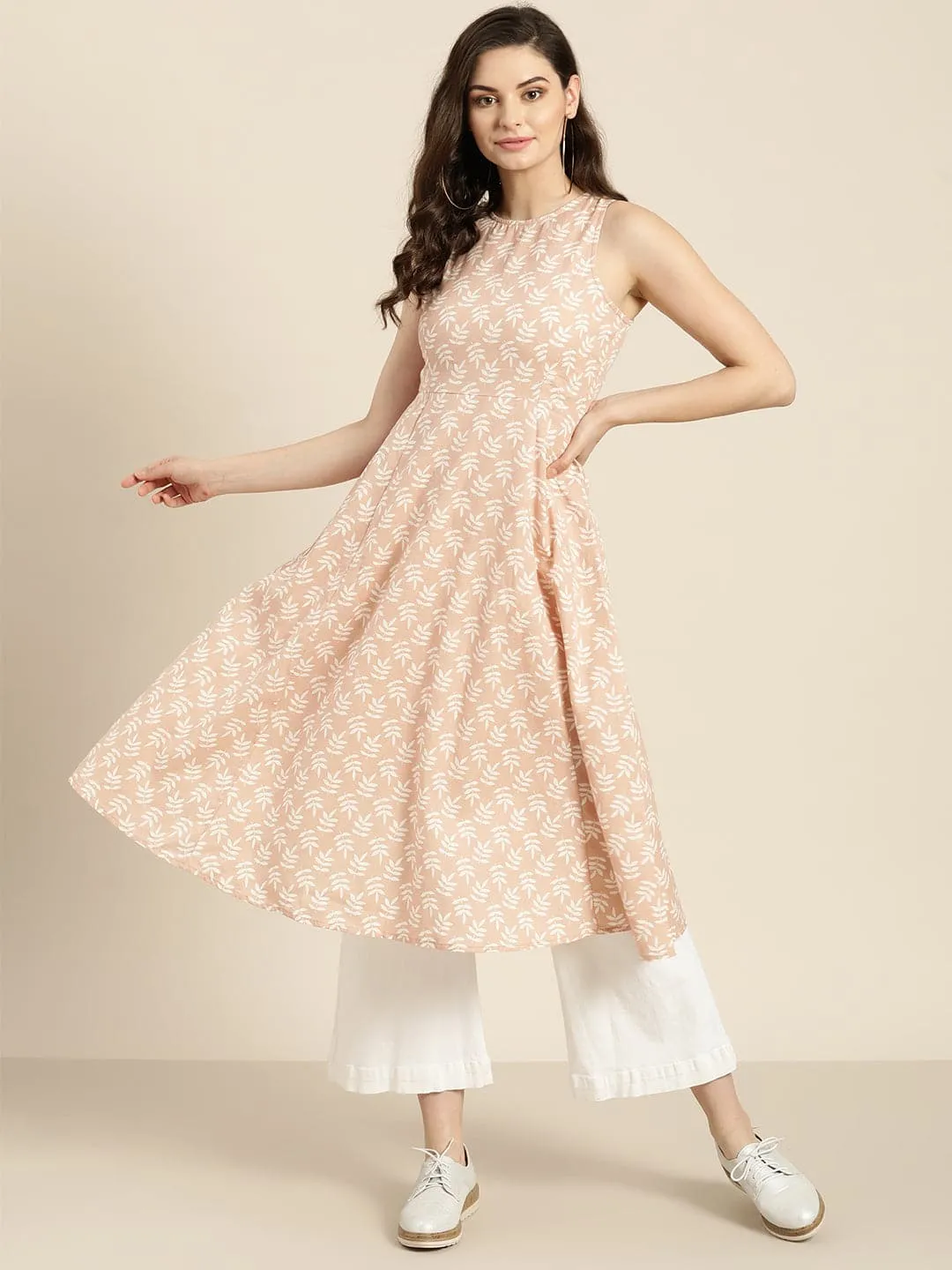 Peach Printed  Sleeveless Kurta