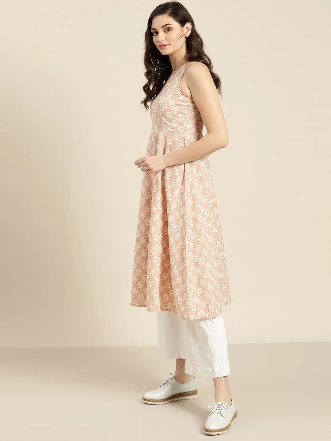 Peach Printed  Sleeveless Kurta