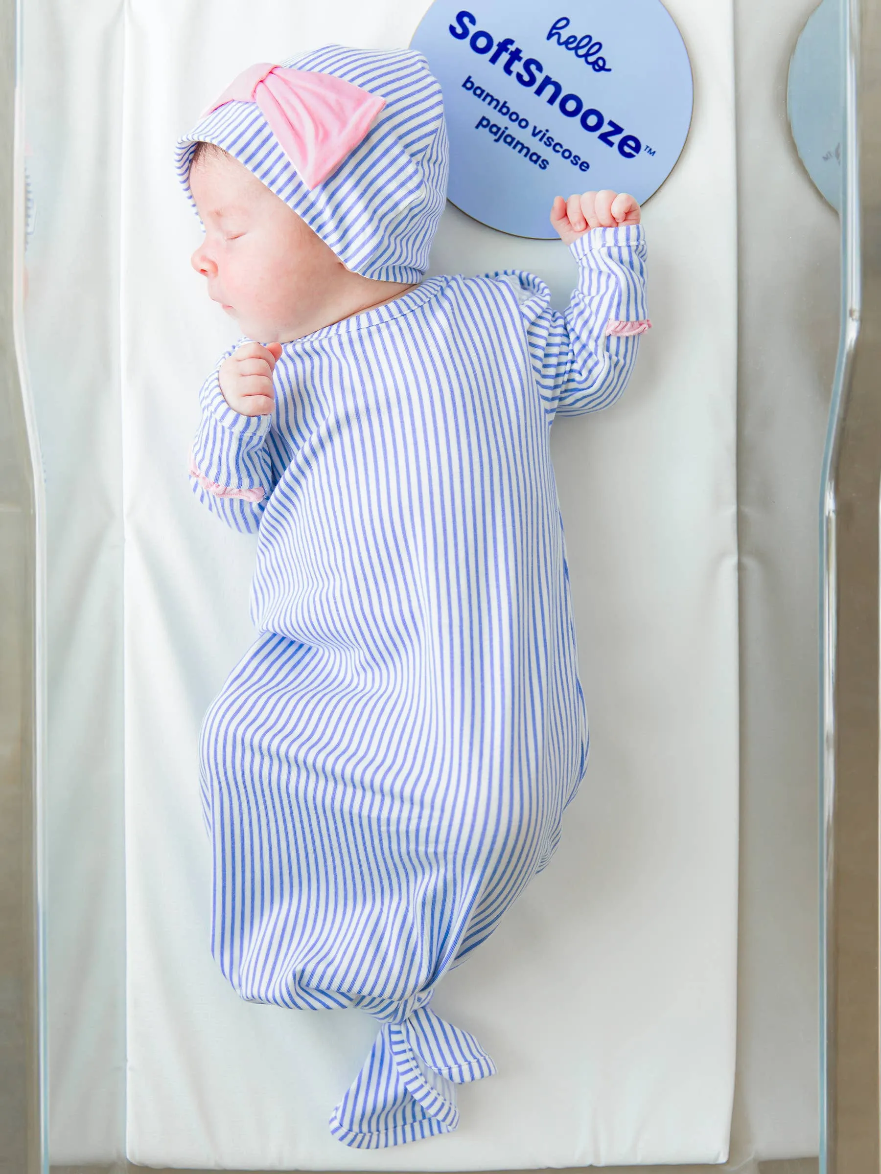 Periwinkle Blue Stripe Bamboo Knotted Ruffle Gown & Hat Set