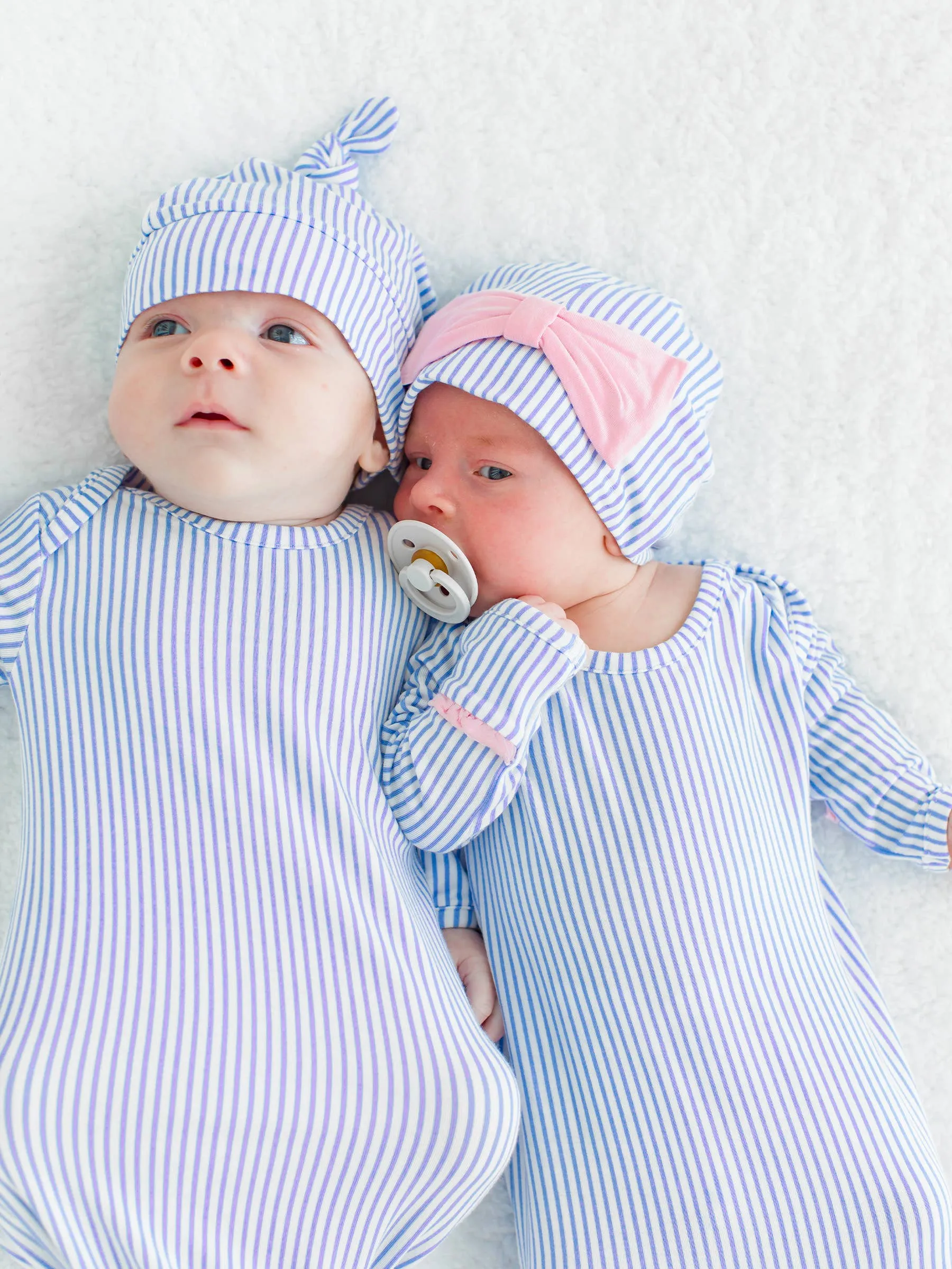 Periwinkle Blue Stripe Bamboo Knotted Ruffle Gown & Hat Set