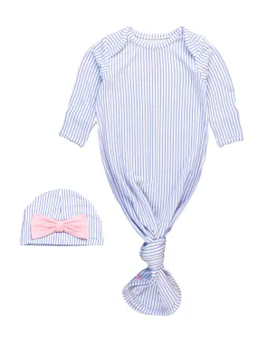 Periwinkle Blue Stripe Bamboo Knotted Ruffle Gown & Hat Set