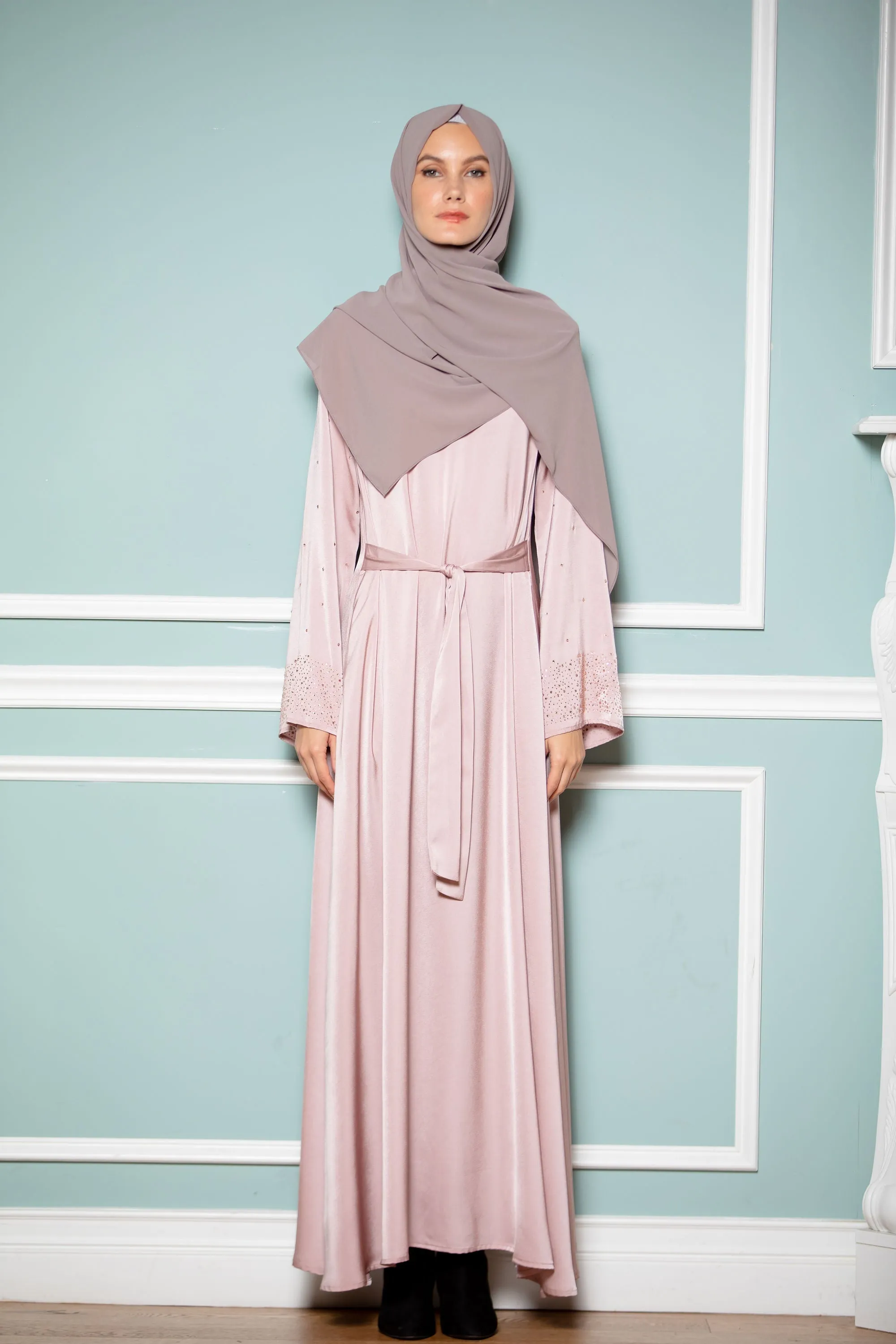 Pink Beaded Satin Long Sleeve Maxi Dress-CLEARANCE