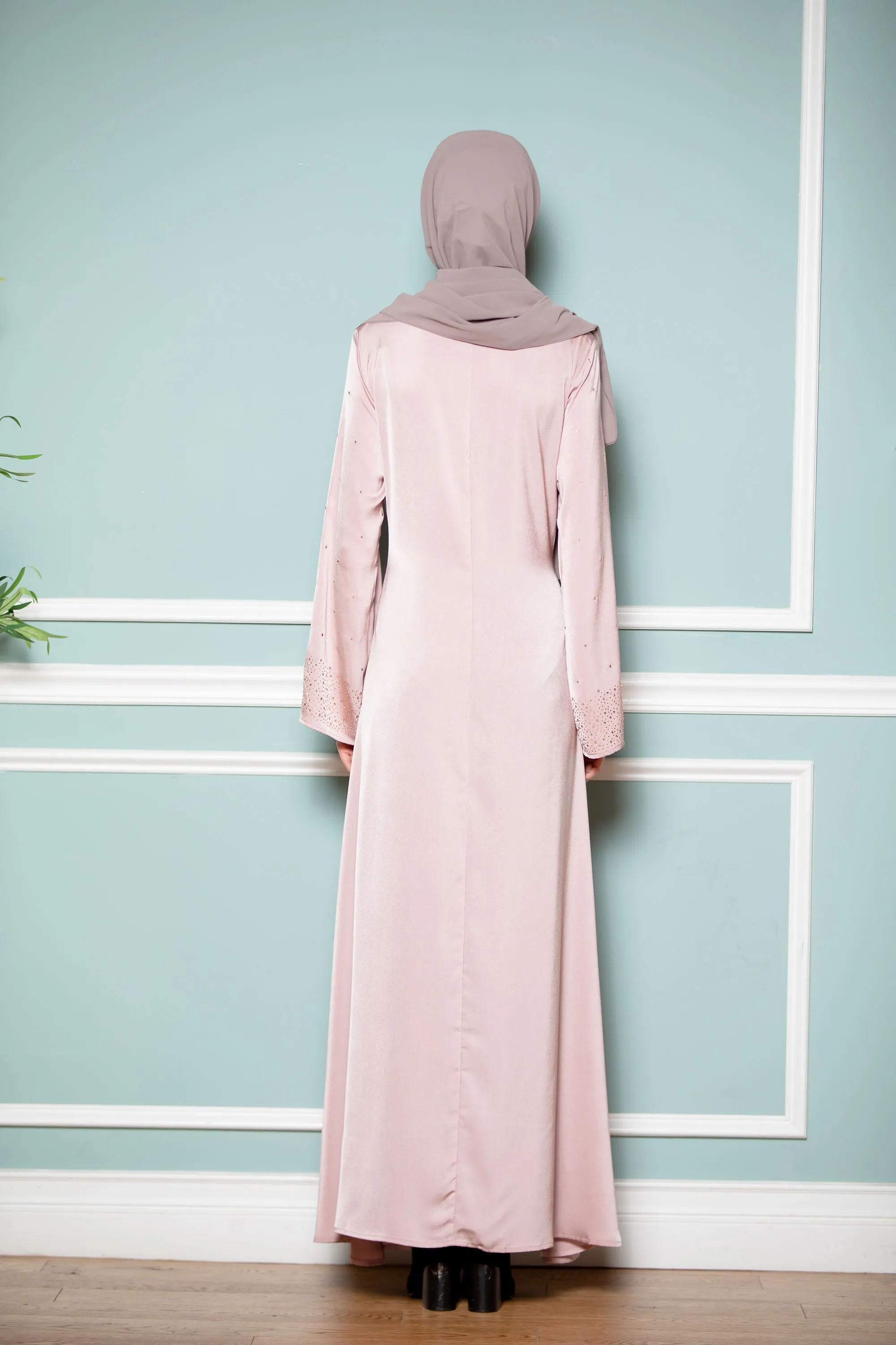 Pink Beaded Satin Long Sleeve Maxi Dress-CLEARANCE