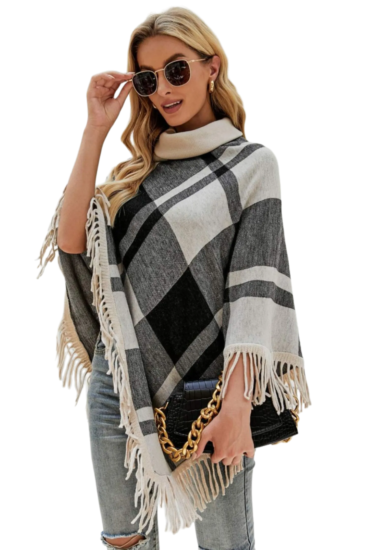 Plaid Turtleneck Fringe Hem Poncho