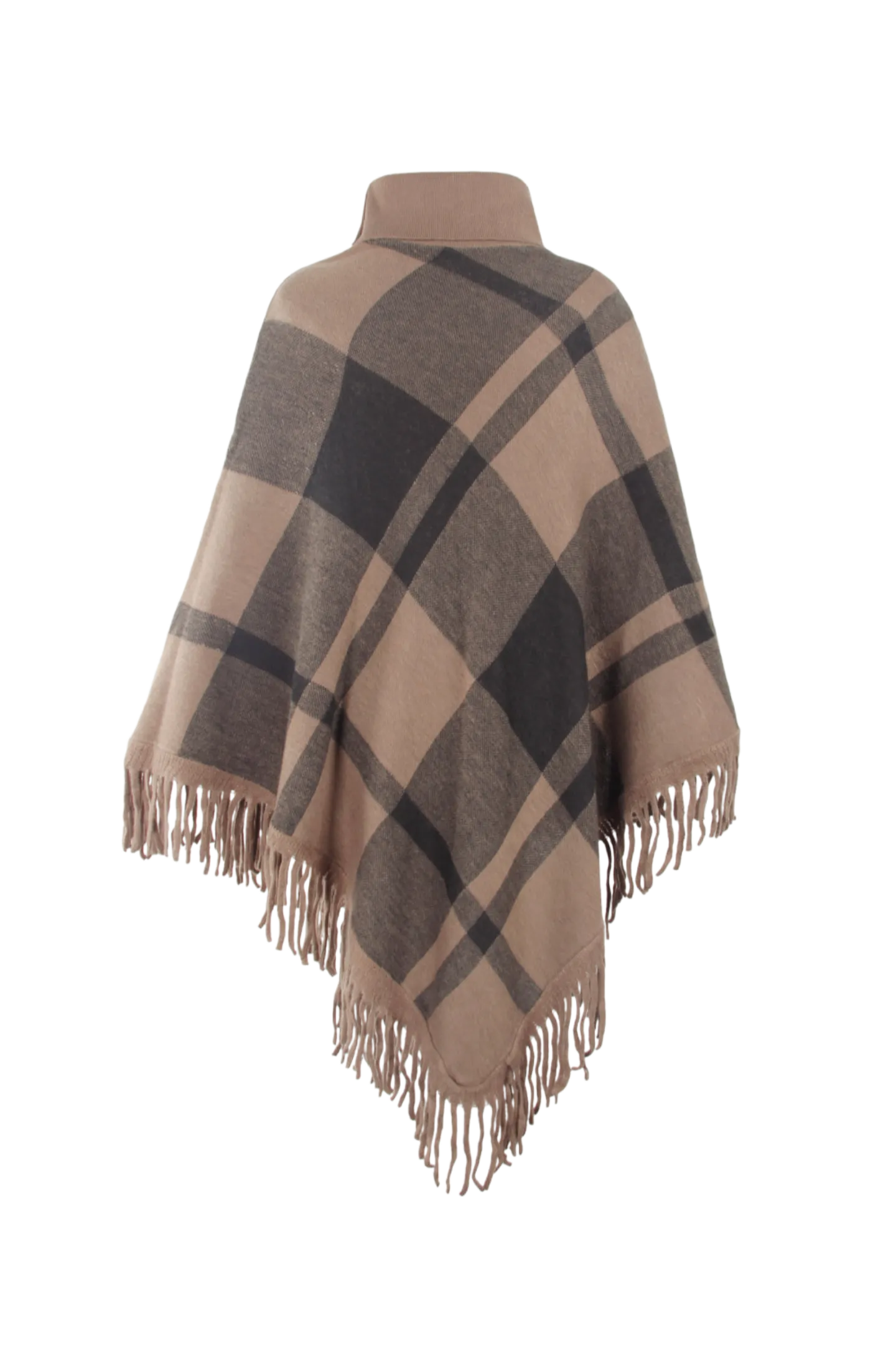 Plaid Turtleneck Fringe Hem Poncho