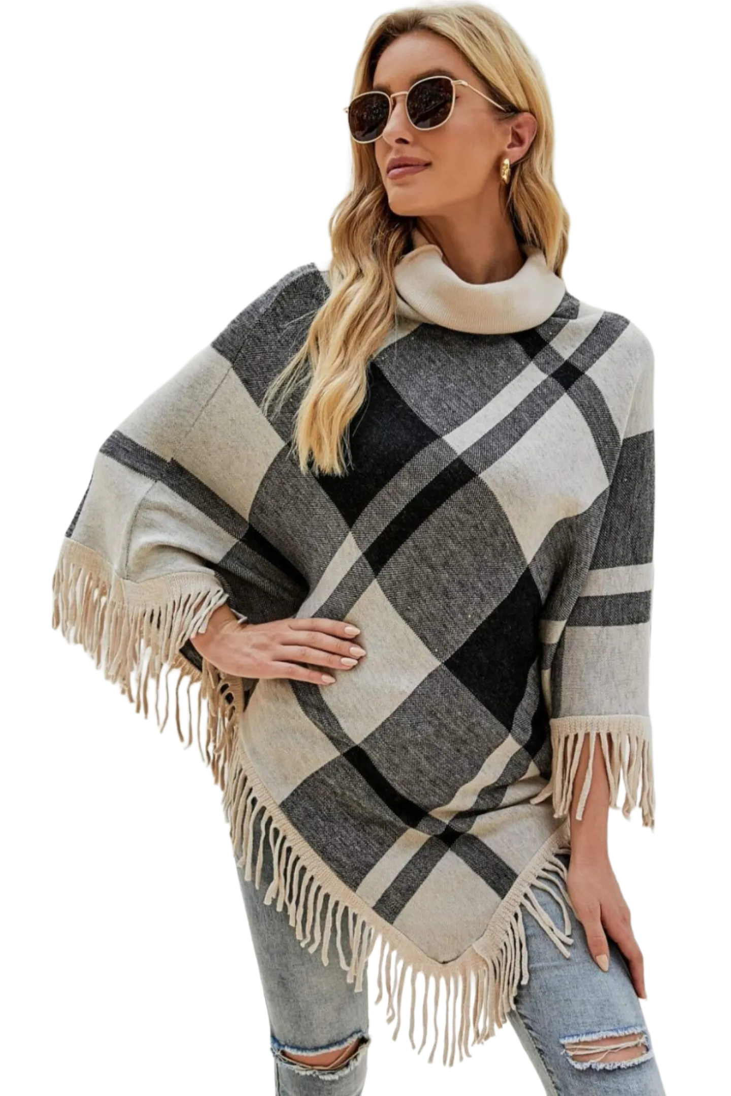 Plaid Turtleneck Fringe Hem Poncho