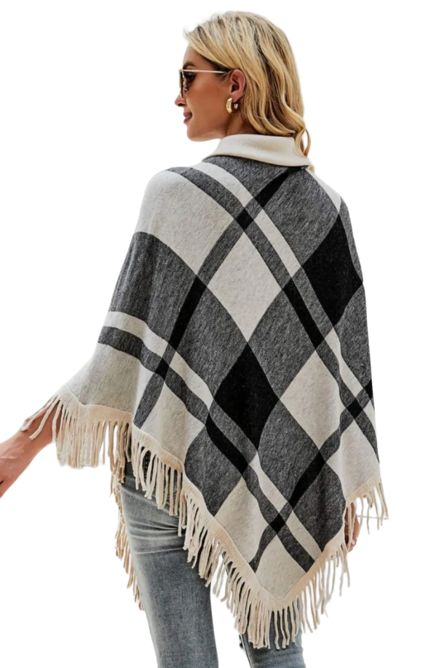 Plaid Turtleneck Fringe Hem Poncho