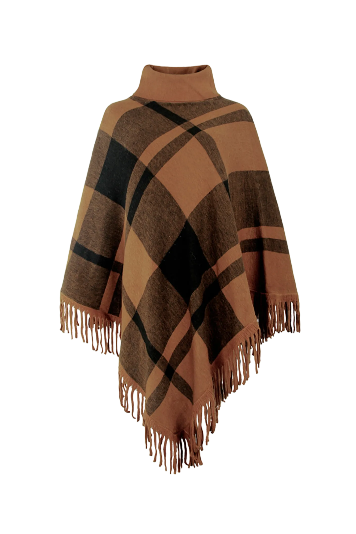 Plaid Turtleneck Fringe Hem Poncho