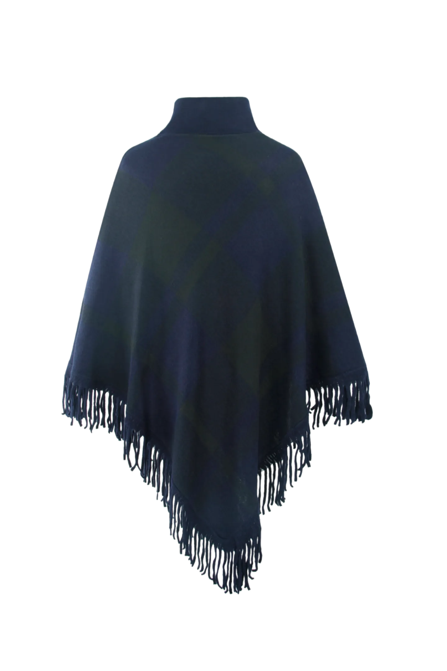 Plaid Turtleneck Fringe Hem Poncho