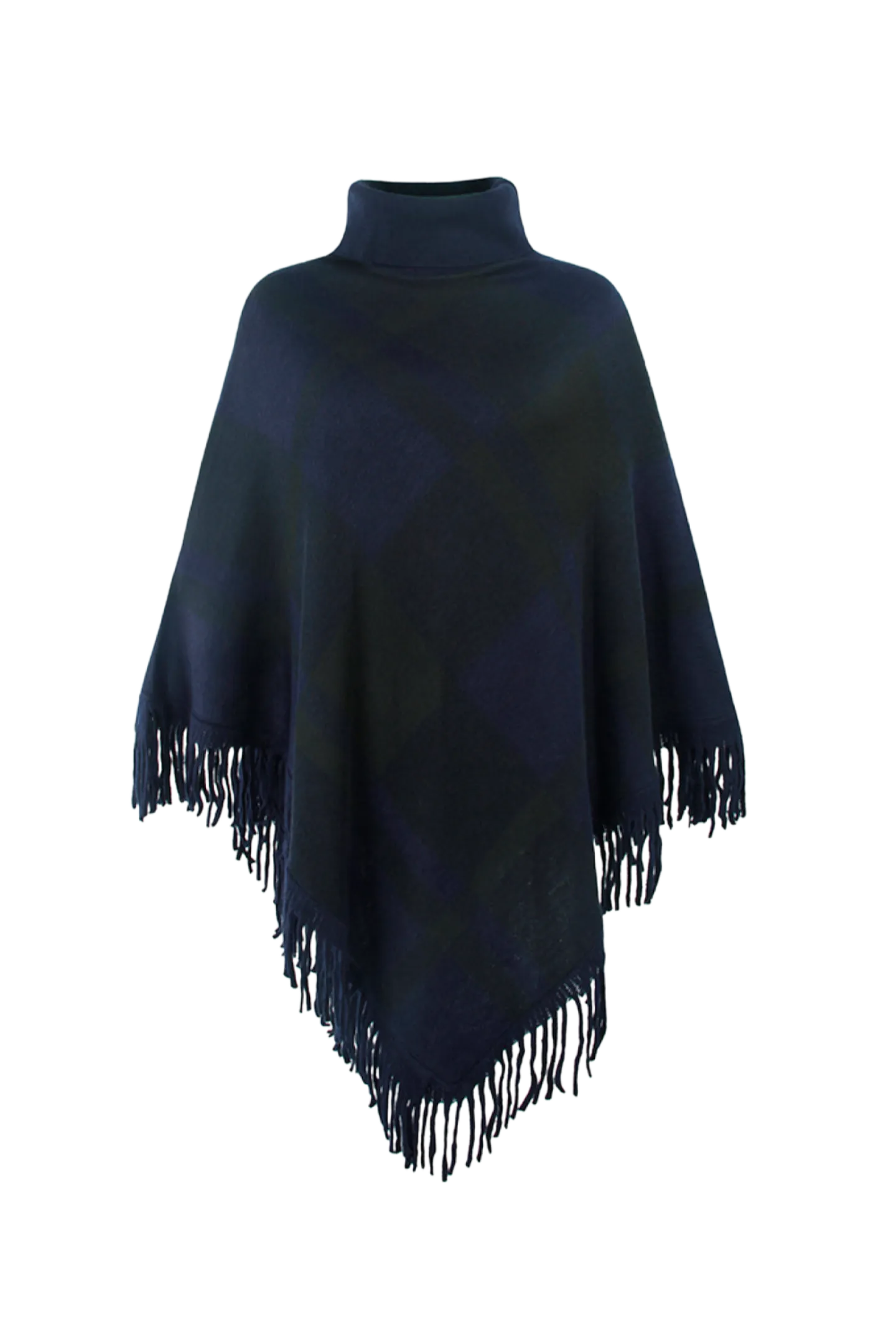 Plaid Turtleneck Fringe Hem Poncho