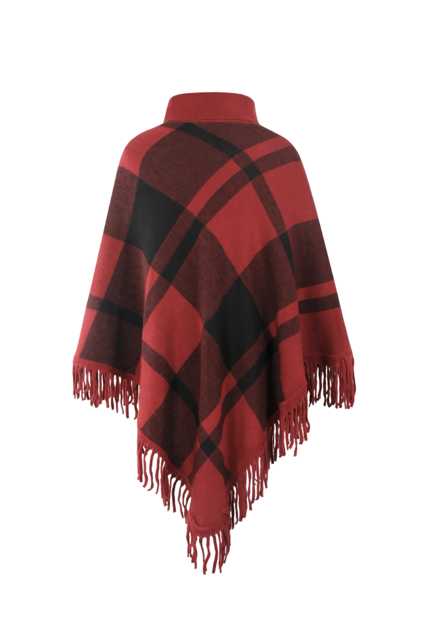 Plaid Turtleneck Fringe Hem Poncho