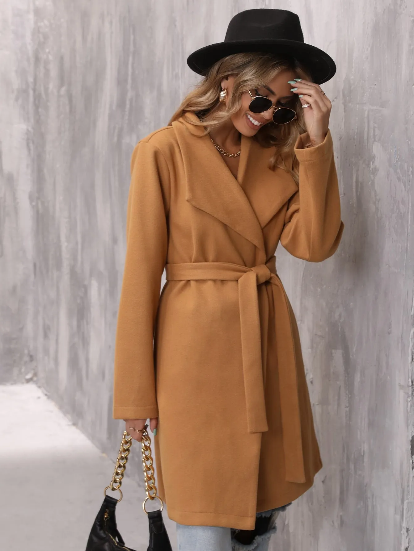 Plain Belted Long Sleeve Waterfall Midi Women Overcoat