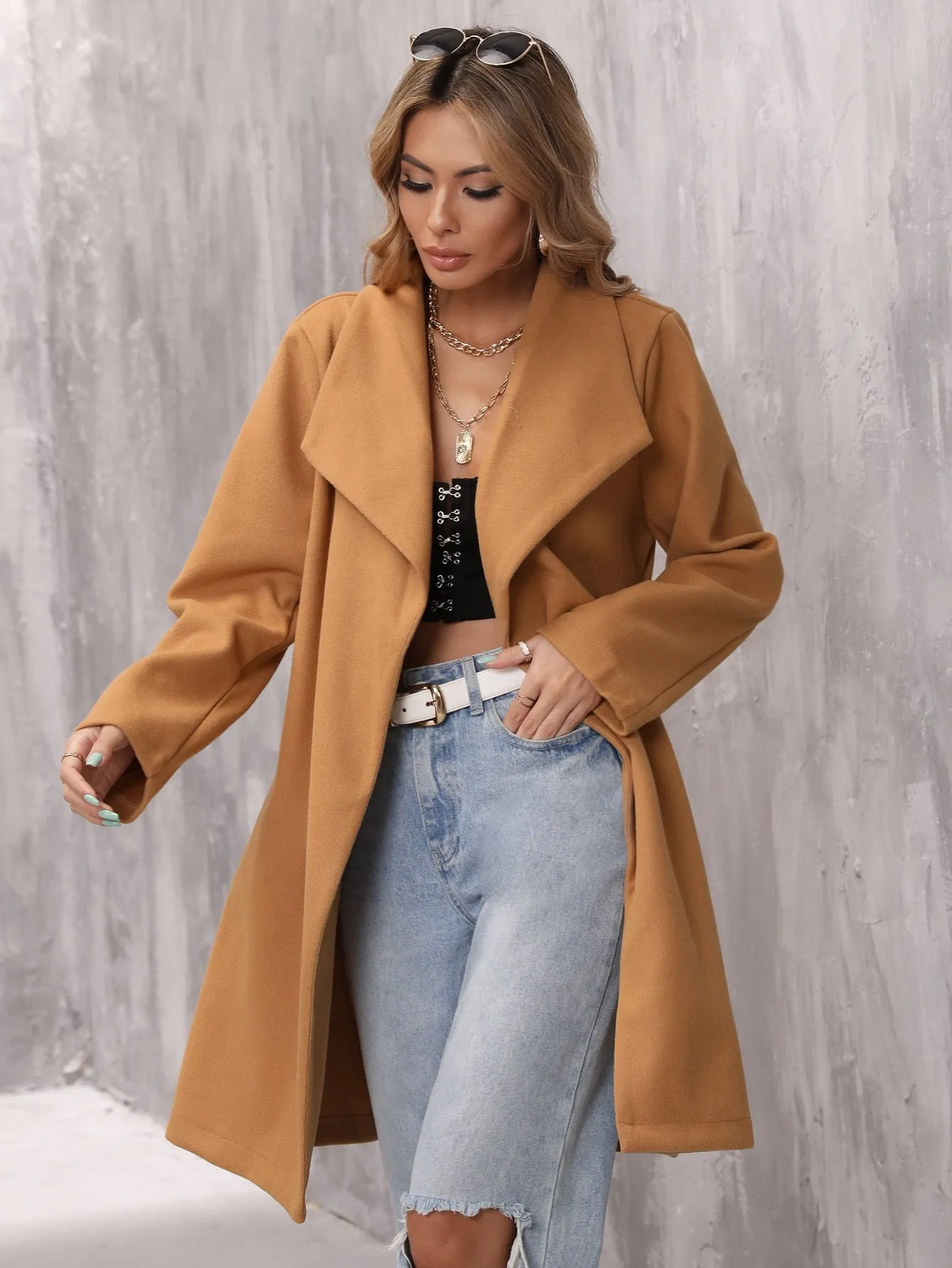 Plain Belted Long Sleeve Waterfall Midi Women Overcoat