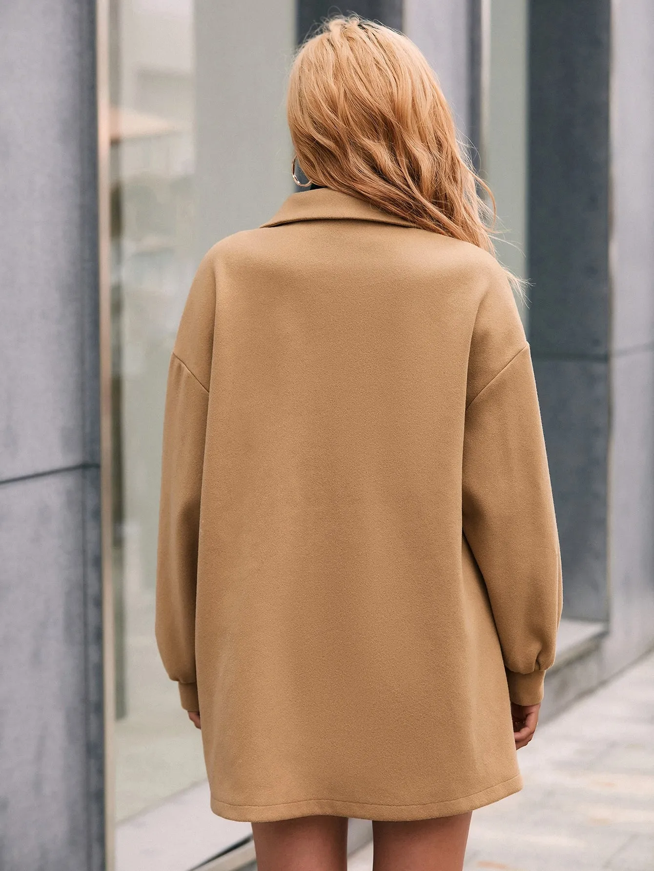 Plain Button Front Long Sleeve Collar Short Women Overcoat