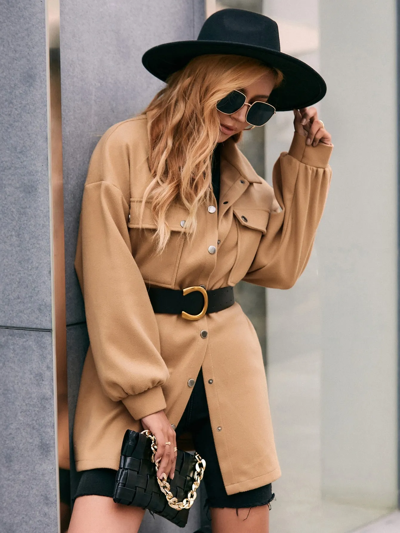 Plain Button Front Long Sleeve Collar Short Women Overcoat