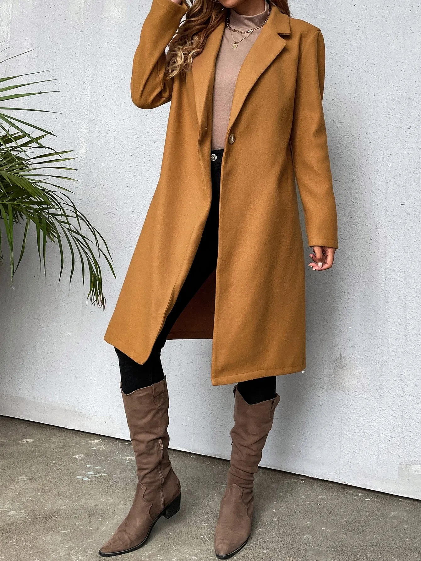 Plain Button Long Sleeve Lapel Midi Women Overcoat