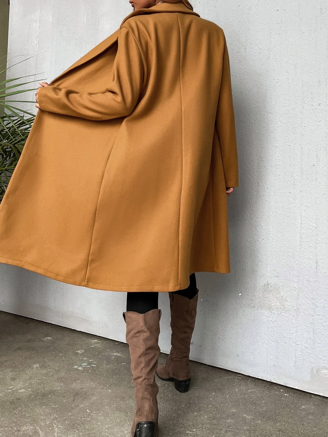 Plain Button Long Sleeve Lapel Midi Women Overcoat