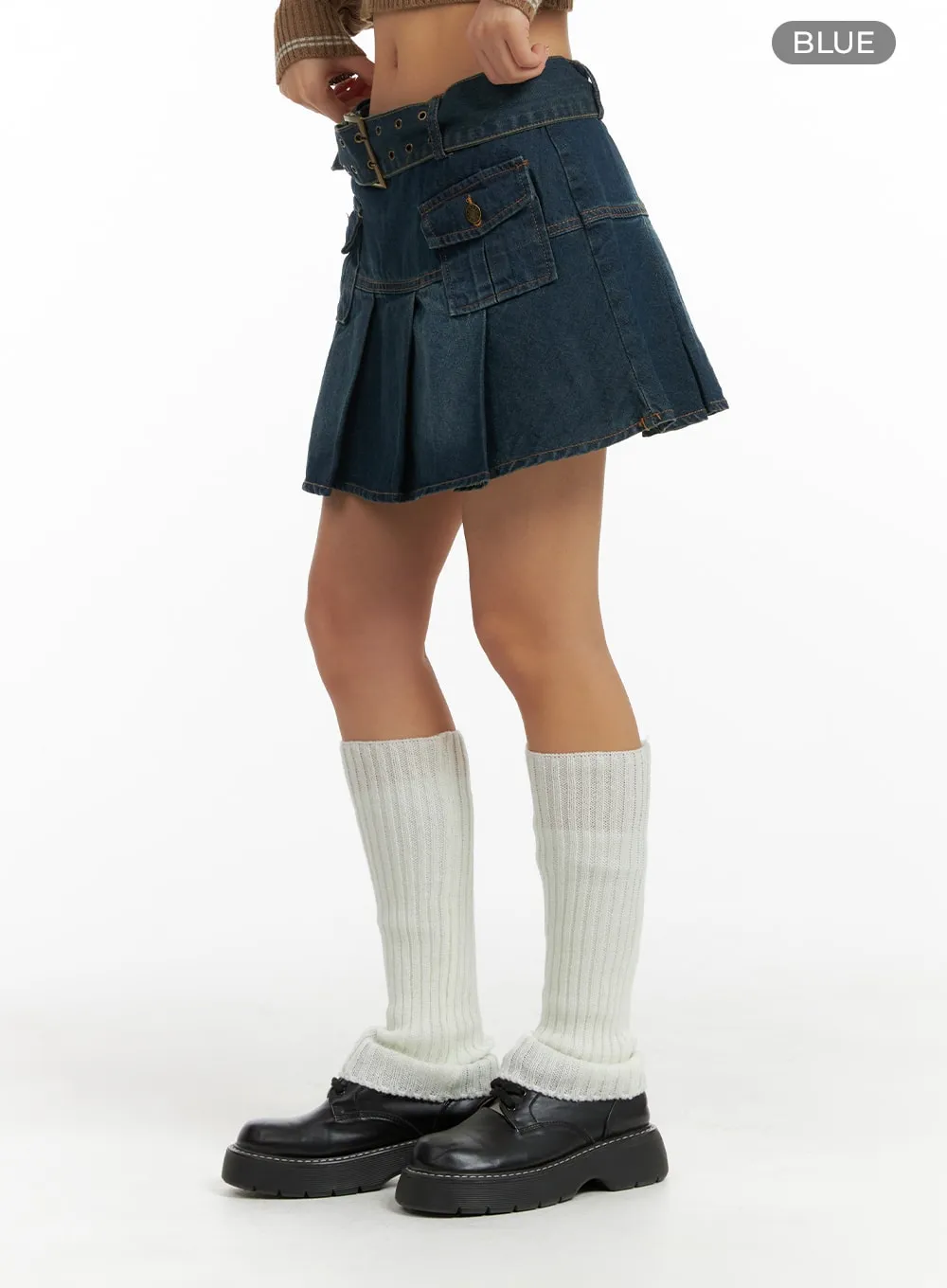 Pleated Denim Mini Skirt with Belt CF426