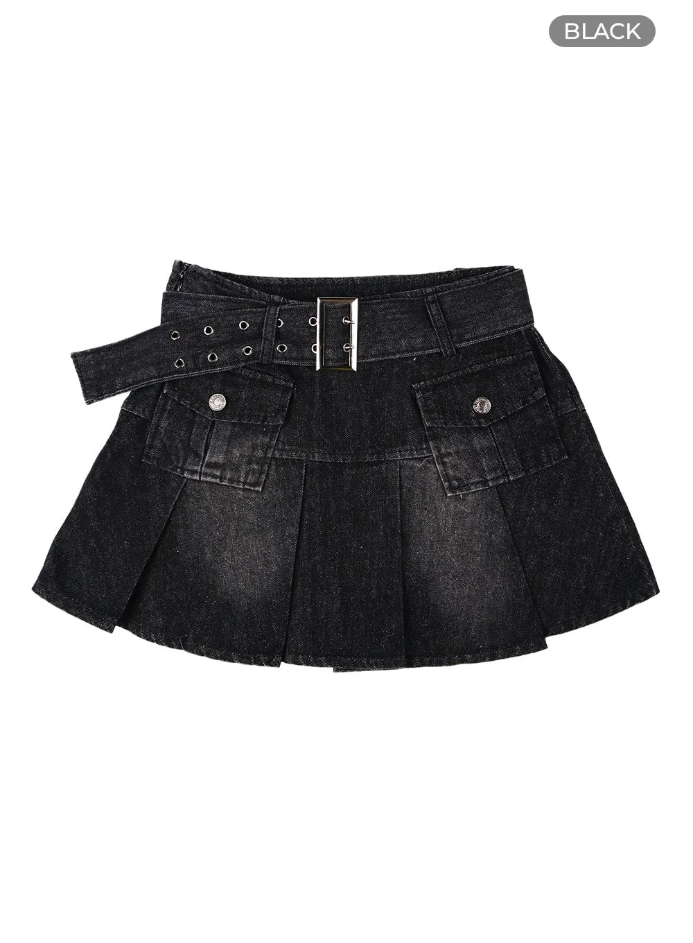 Pleated Denim Mini Skirt with Belt CF426