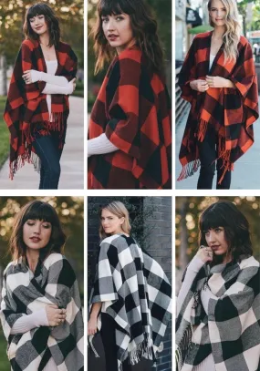 Poncho scarf { Plaid check } Red and black or white and black. 52 x 63. Free ship in US!