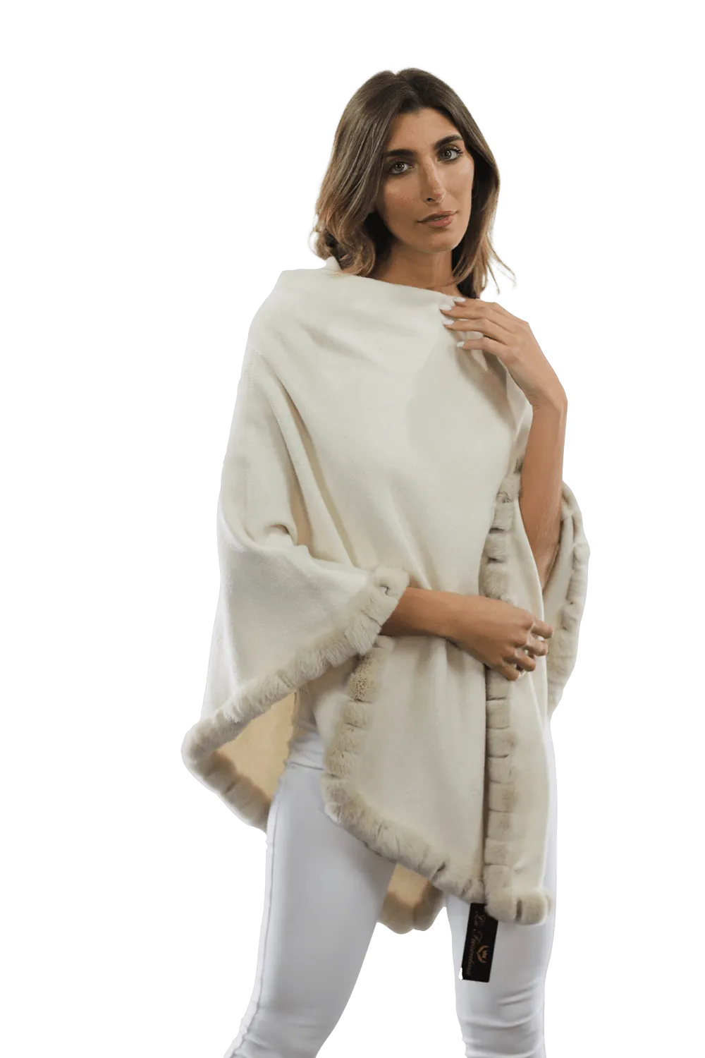 Poncho with Rex Rabbit Trim - Ivory