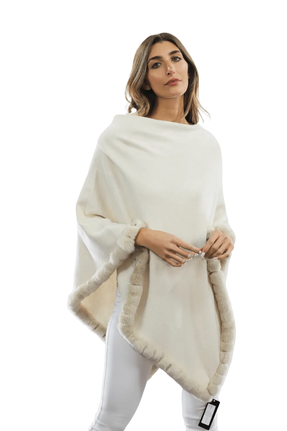 Poncho with Rex Rabbit Trim - Ivory