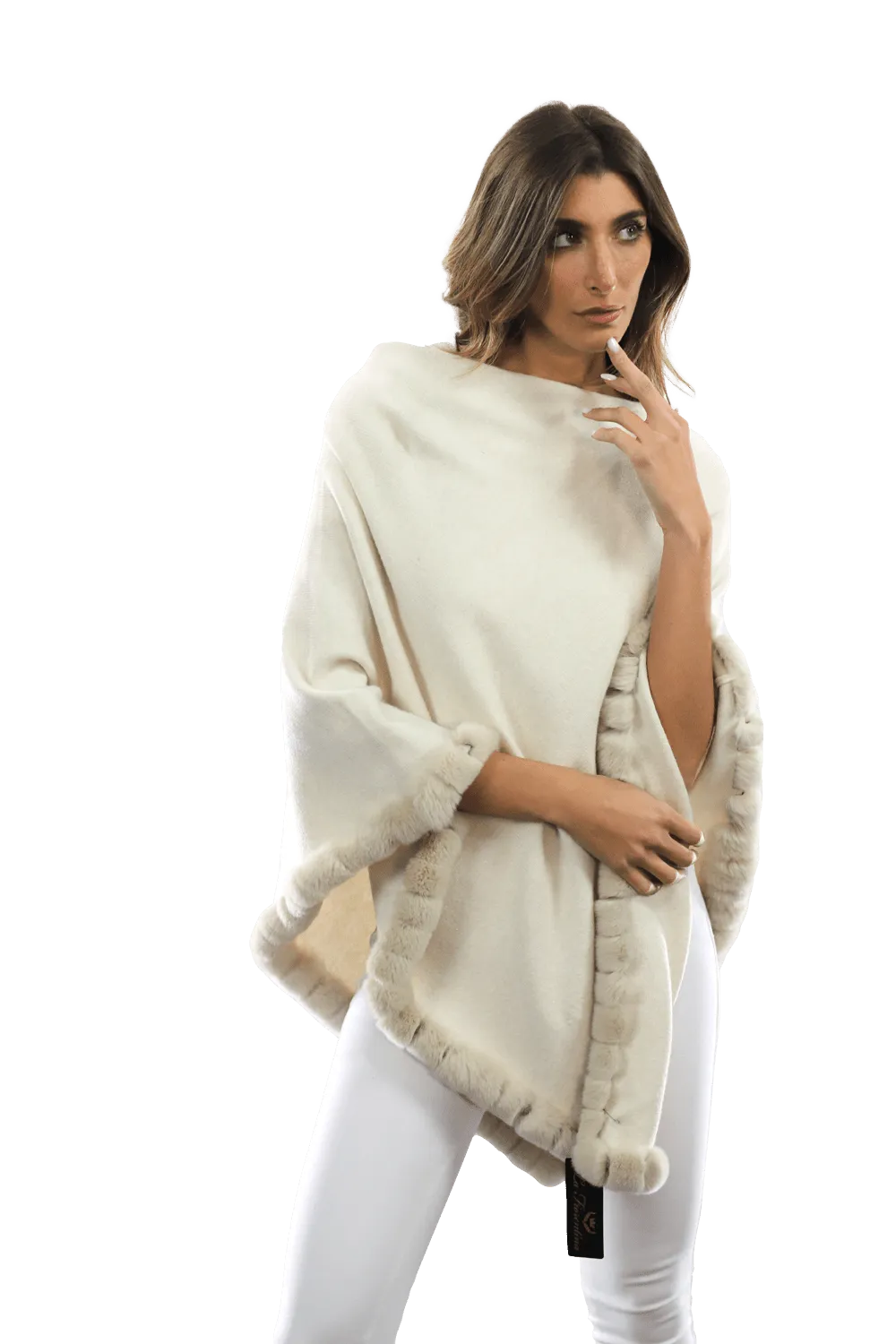 Poncho with Rex Rabbit Trim - Ivory