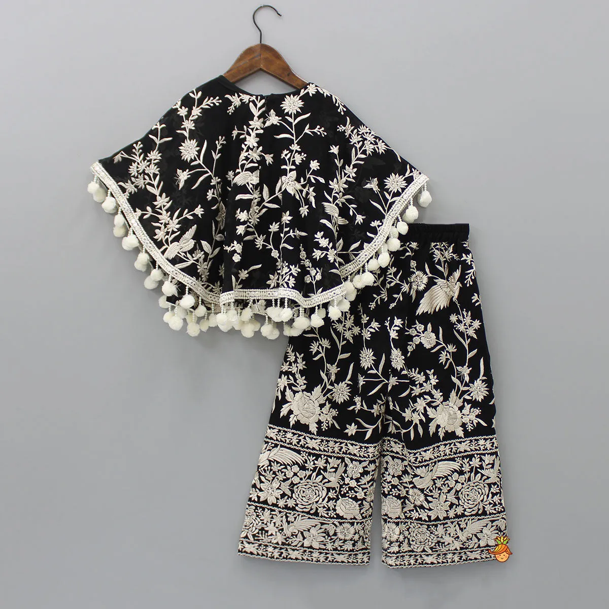 Pre Order: Black Top With Pom Poms Detailed Embroidered Cape And Palazzo