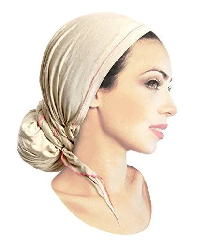 Pre-tied Head-scarf Tichel Lightweight Cotton Boho Chic ShariRose Spring/Summer Collection (Light Beige Hot Pink Long - 335)