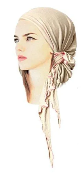 Pre-tied Head-scarf Tichel Lightweight Cotton Boho Chic ShariRose Spring/Summer Collection (Light Beige Hot Pink Long - 335)