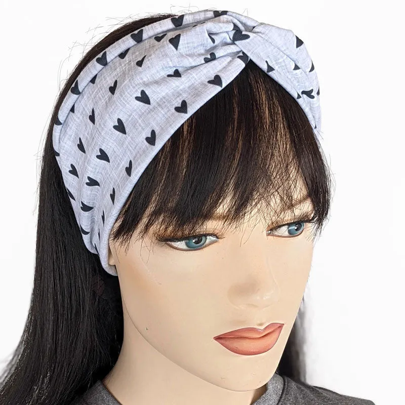 Premium, wide turban style comfy wide jersey knit  headband, black hearts on grey