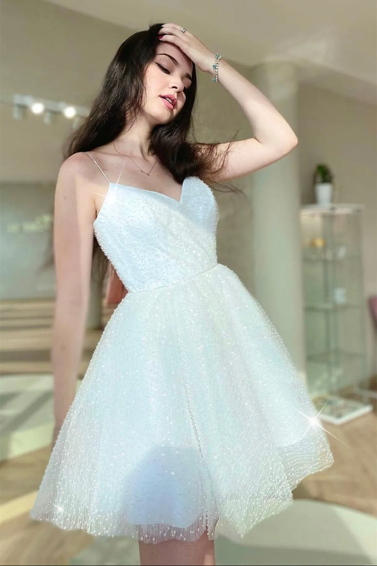 Pretty V Neck White Sequins Short Prom Homecoming Dress, Shiny White Formal Graduation Evening Dress A1672