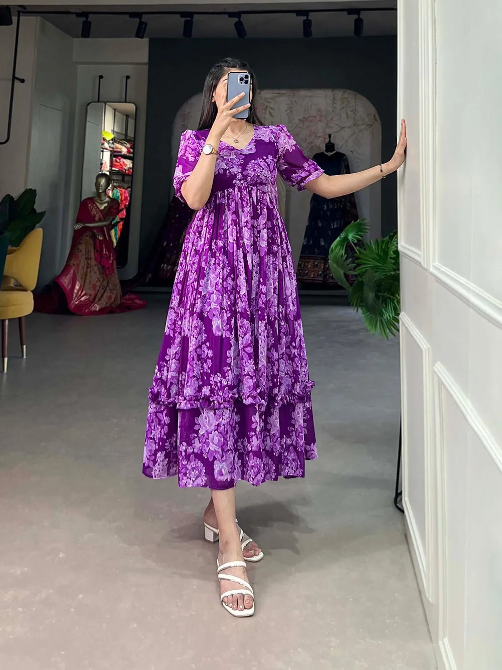 Purple Floral Georgette Frock for Effortless Summer Style