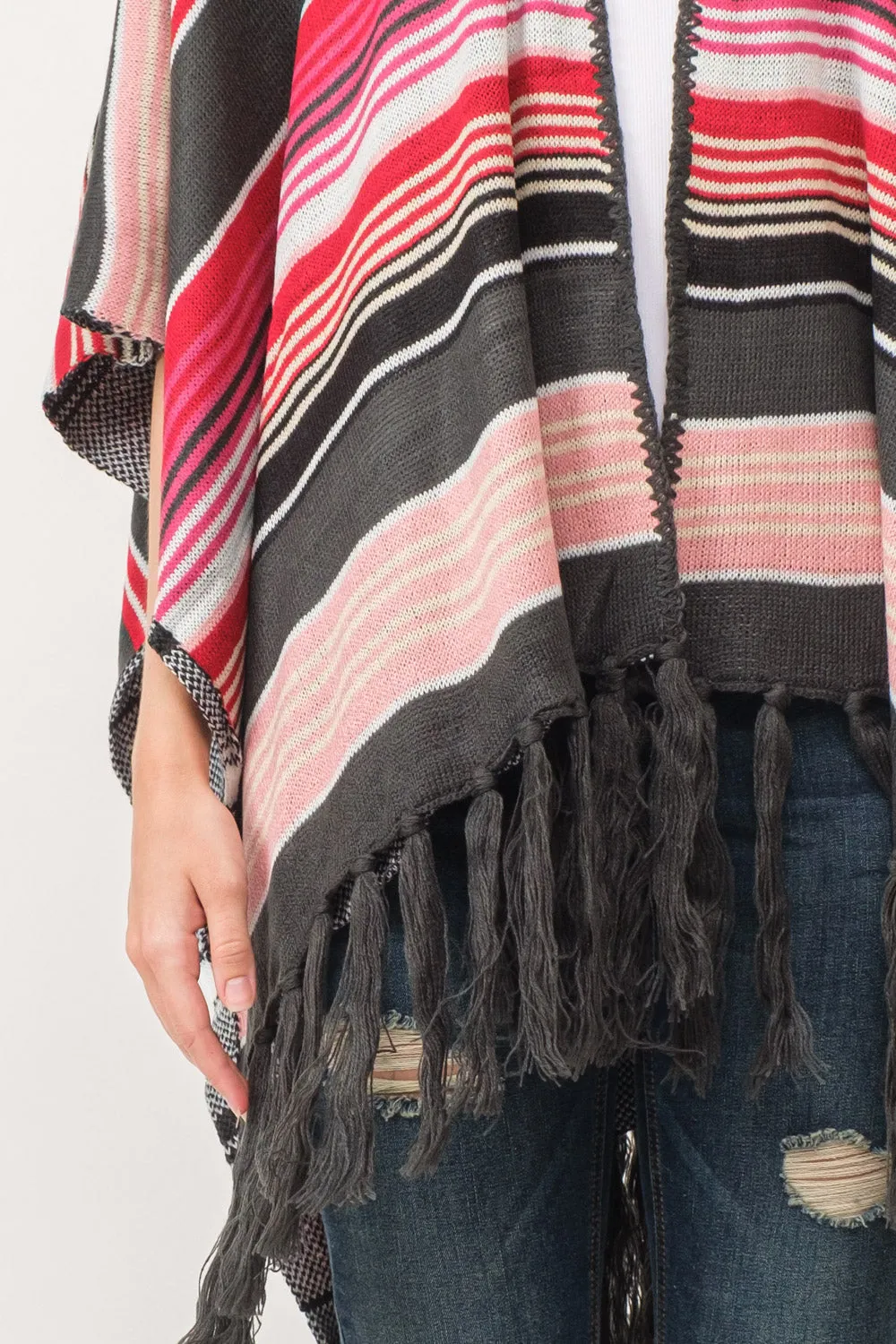 RAJ FREYA STRIPED PONCHO RUANA CHARCOAL/SCARLET