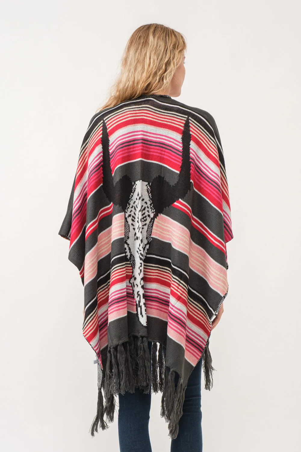 RAJ FREYA STRIPED PONCHO RUANA CHARCOAL/SCARLET