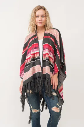 RAJ FREYA STRIPED PONCHO RUANA CHARCOAL/SCARLET